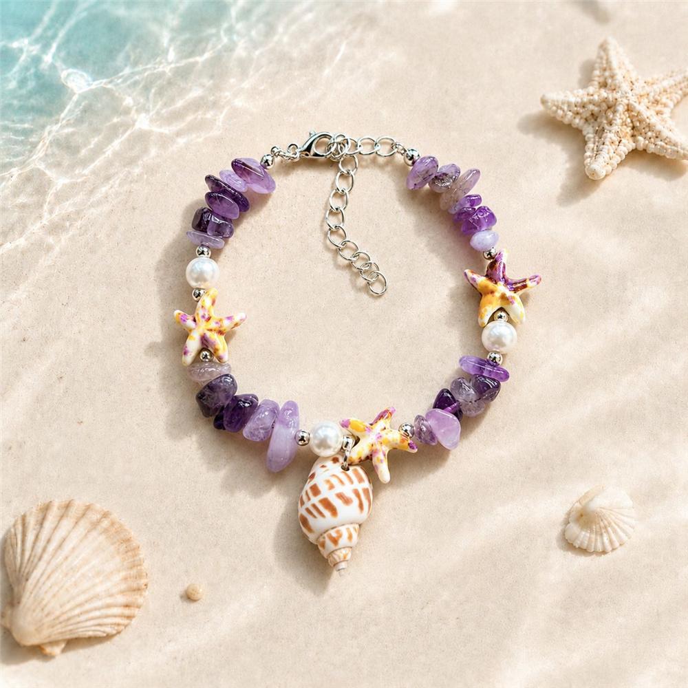 Ocean Charm Female Irregular Crushed Stone Starfish Conch Adjustable Bracelet Silver Color Summer Jewelry For Women