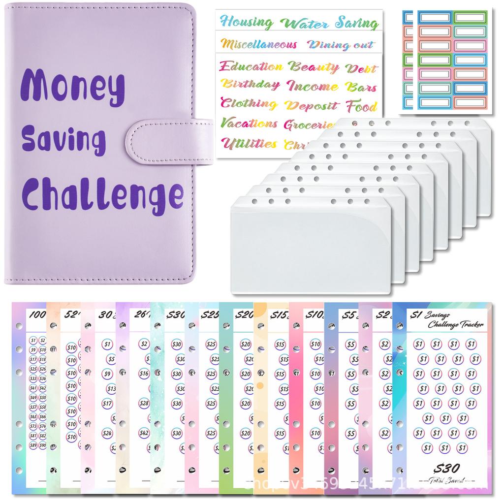 A6 Money Saving Challenge PU Cover Budget Planner Notebook Loose-leaf Book Money Planner Diary Customizable