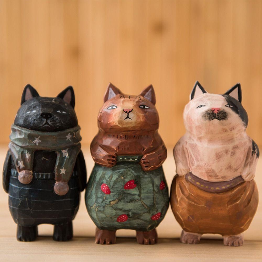 Cute Wood Carving Cat Ornament Simple Style Solid Wood Painted Cartoon Cat Sculpture Small Handmade