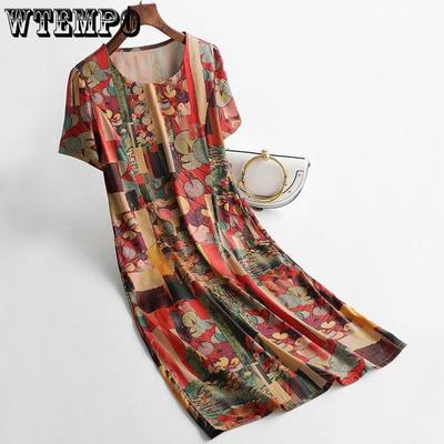 Ice Silk Printed Dress for Women Summer Loose Fit Plus Medium To Long Size Dress