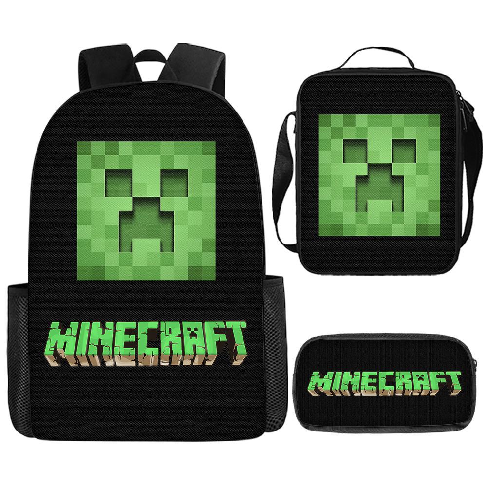 Minecraft Cartoon Print Backpack Set 3-Piece Student School Bag Water-Resistant Large Capacity Unisex