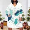 Women Plus Size V Neck Long Sleeve Blue White Tie Dye Printed Fitted Midi Dress