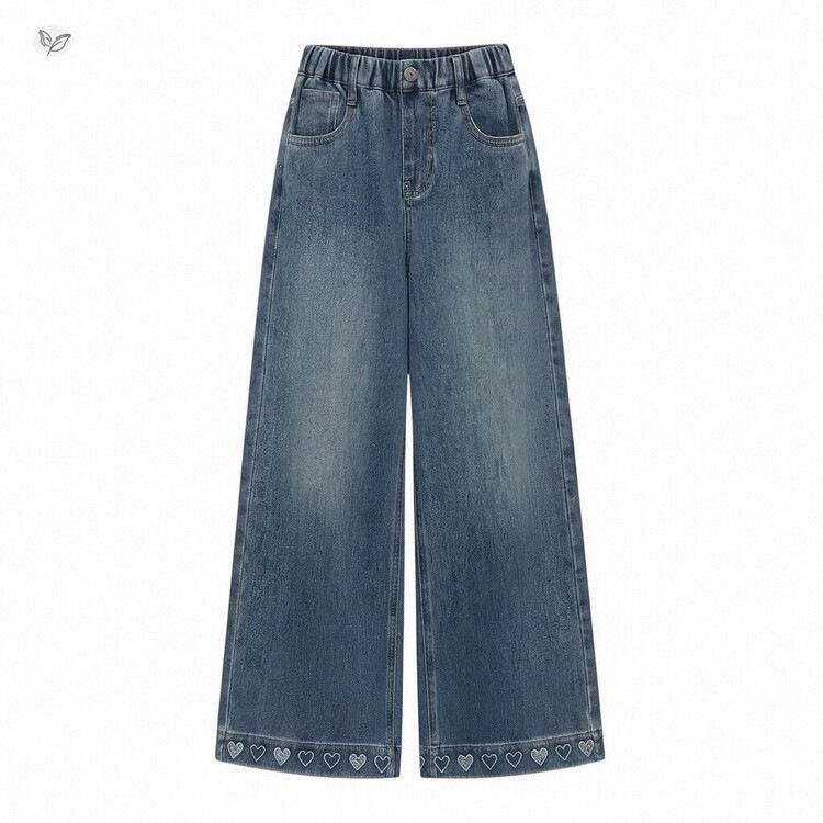 Autumn 2026 Girls' Wide Leg Jeans - Embroidered Hem, Versatile Straight Fit for Medium & Large Children