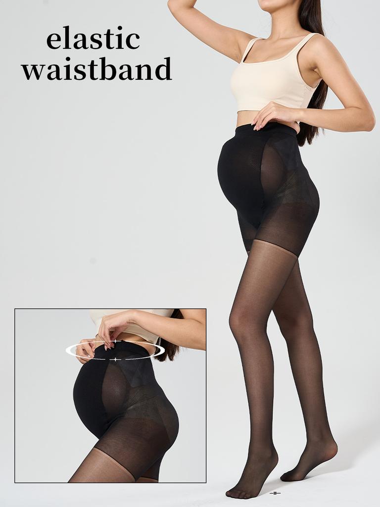 1 Pc Maternity Solid Black Footed Sheer Nylon Tights | Belly-Support Minimalist Pantyhose For Spring & Autumn Transition