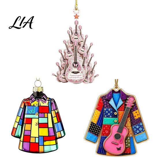 Artistic Guitar Hanging Decor Acrylic Christmas Ornament, Patchwork Jacket Butterfly Flat Pendant Decorative Car Accessories with Gold String for Tree