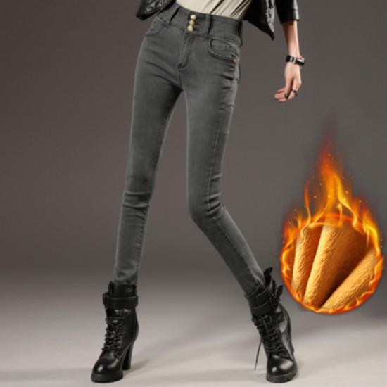 

Женские джинсы с высокой талией, бархатные эластичные винтажные джинсы для мам, теплые женские джинсы больших размеров с высокой талией 33 серый