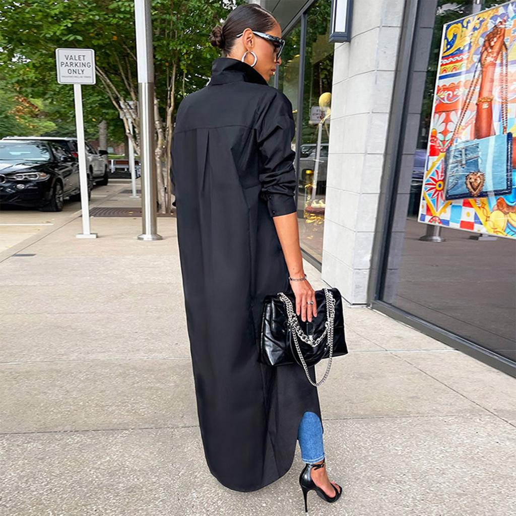 Lässiges, lockeres, langes Hemd für Damen mit langen Ärmeln, einfarbiges Hemdkleid mit langen Ärmeln