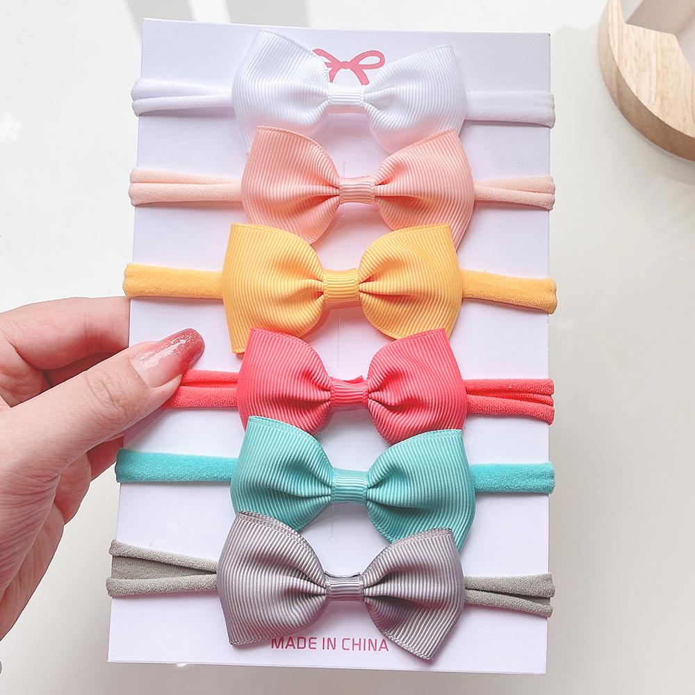6Pcs/set Solid Color Grograin Ribbon Bowknot Headband For Girls New Headwear Elastic Hair Bands Infant Kids Hair Accessories