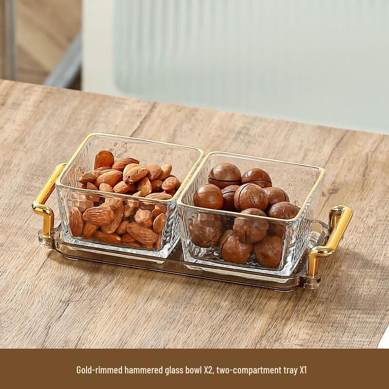 Elegant Glass Snack & Fruit Platter 2-Compartment with Hammered Gold Trim