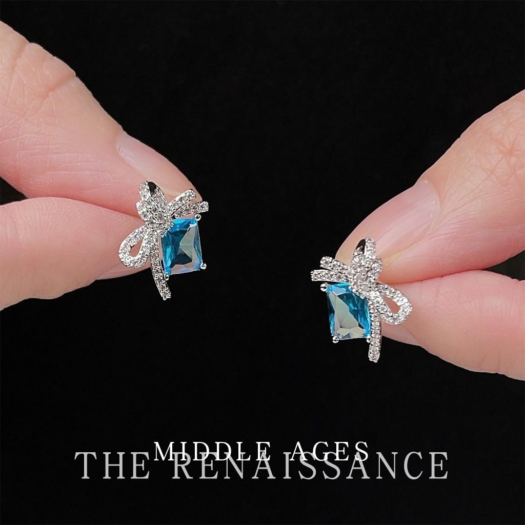 

Medieval bow sea blue zircon stud earrings heavy industry light luxury fashion sweet earrings