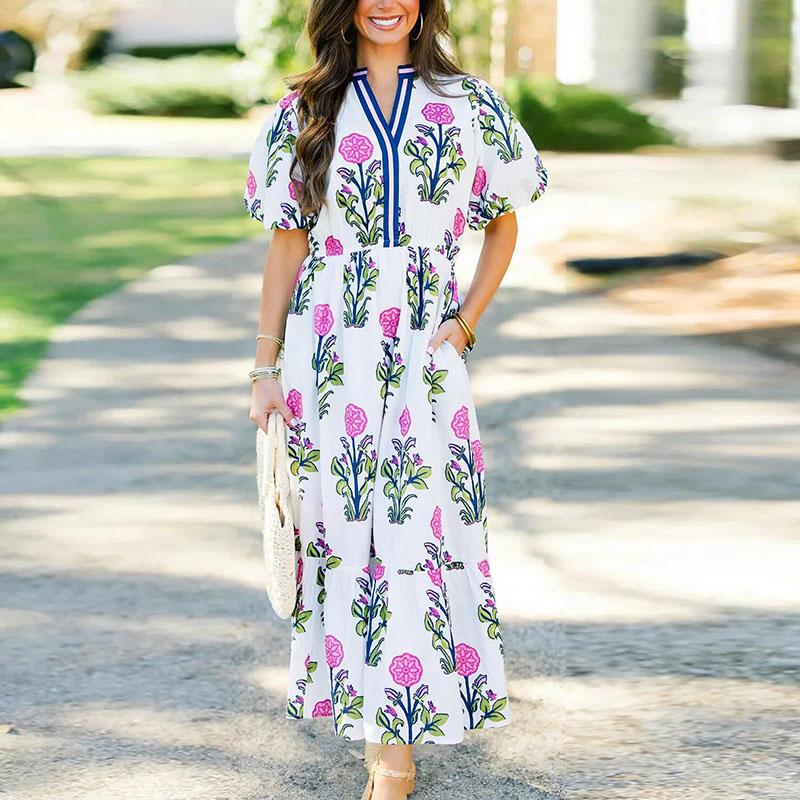 2025 New Women's V-neck Flower Print Dress