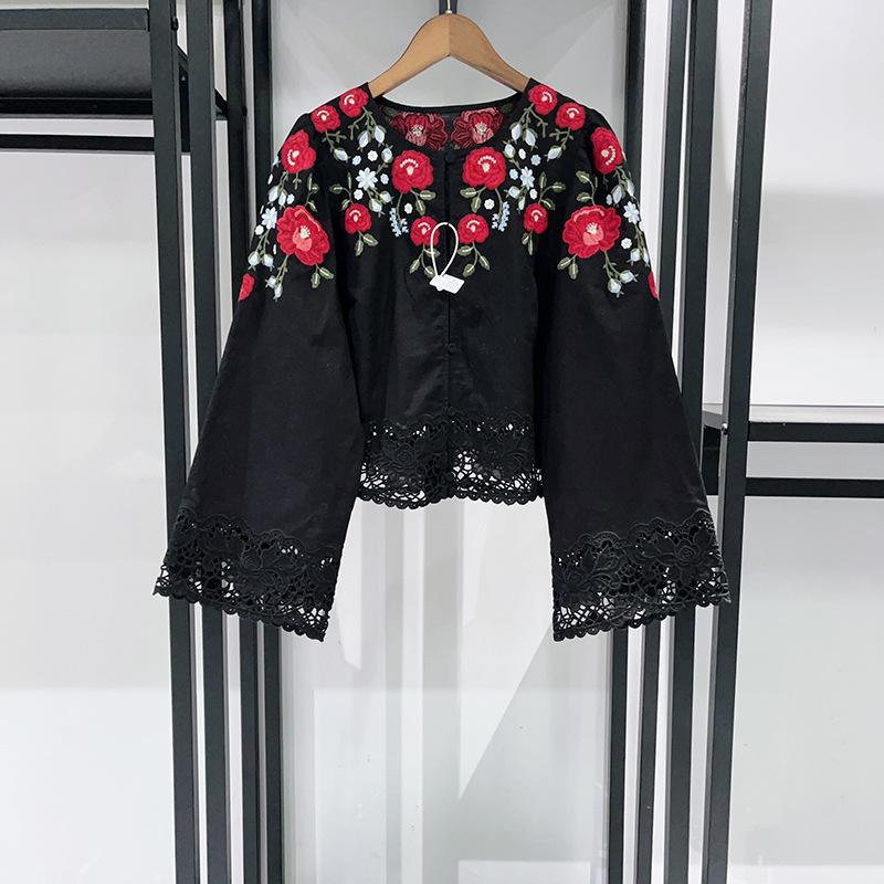 French Niche Spring 2026 Floral Embroidered Lace Trim Shirt & A-line Skirt Set Medium