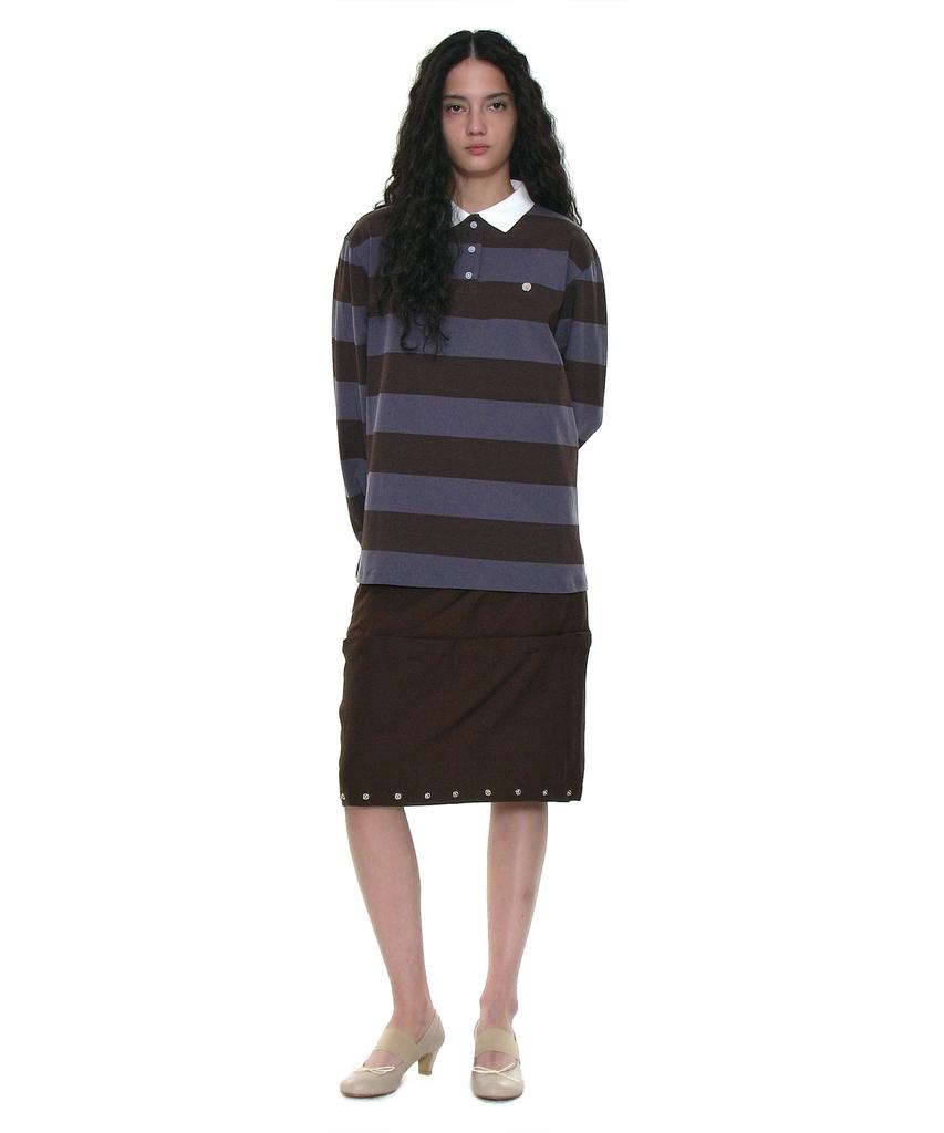 PARTIMENTO WOMEN Wide Stripe Long Sleeve Polo Tee_Brown