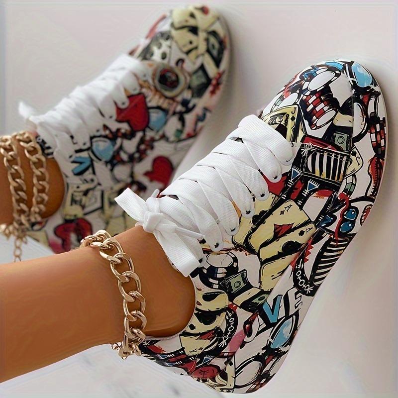 Fashion Painting Graffiti Big Size Sports Women's Shoes 2025 New Women's Outer Wear Lacing Comfortable Thick Bottom White Shoes