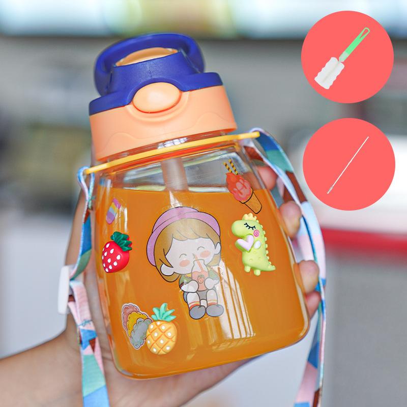 Water bottle1011 new children's cartoon straw cup strap handle portable plastic cup baby cute water cup