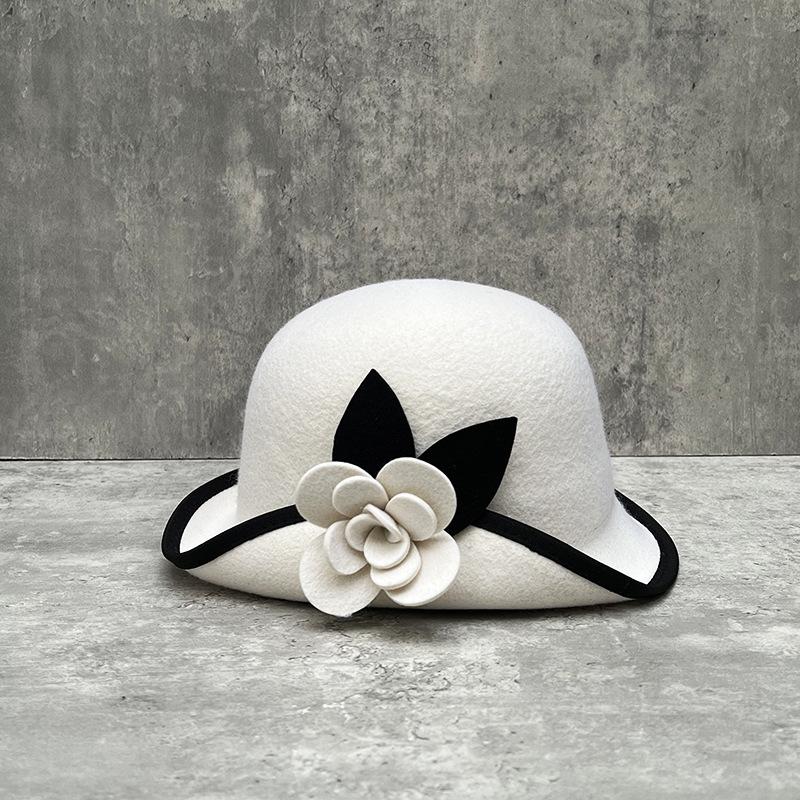 Hepburn Style Woolen Bucket Hat Female French Retro Elegant Camellia Pot Hat Contrasting Color Edge Versatile Top Hat