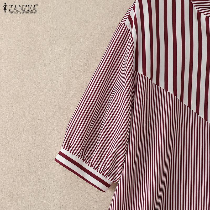 ZANZEA Women Casual V-Neck Half Sleeve Loose Stripe Blouse