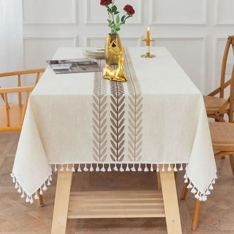 Embroidered Tablecloth Cotton Linen Waterproof Rectangle Table Cover Vintage Leaf Pattern for Kitchen Dining Living Room Decor