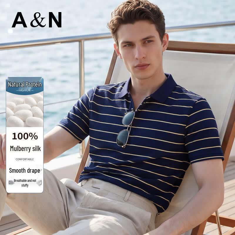 

Men s 100% Mulberry Silk Striped Short Sleeve Polo Shirt 52