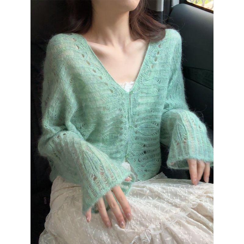 

Зеленый Свежий Мохер Ажурный V-образный вырез Вязаный кардиган Женский Весна 2025 Новый Приталенный Тонкий Свитер Light green L