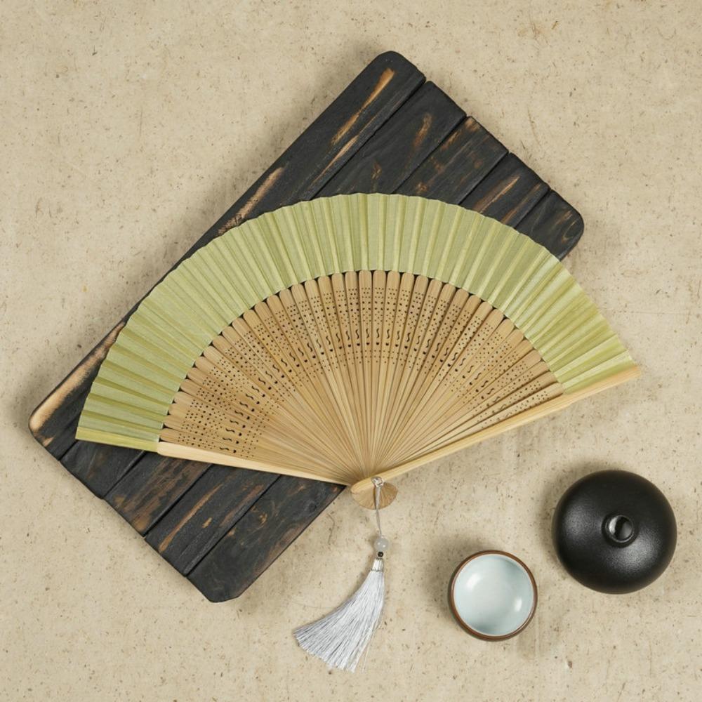 Decorative Fan Carved Handle Bamboo Folding Fan with Tassel Handhold Chinese Fan Vintage Dance Fan Photo Props
