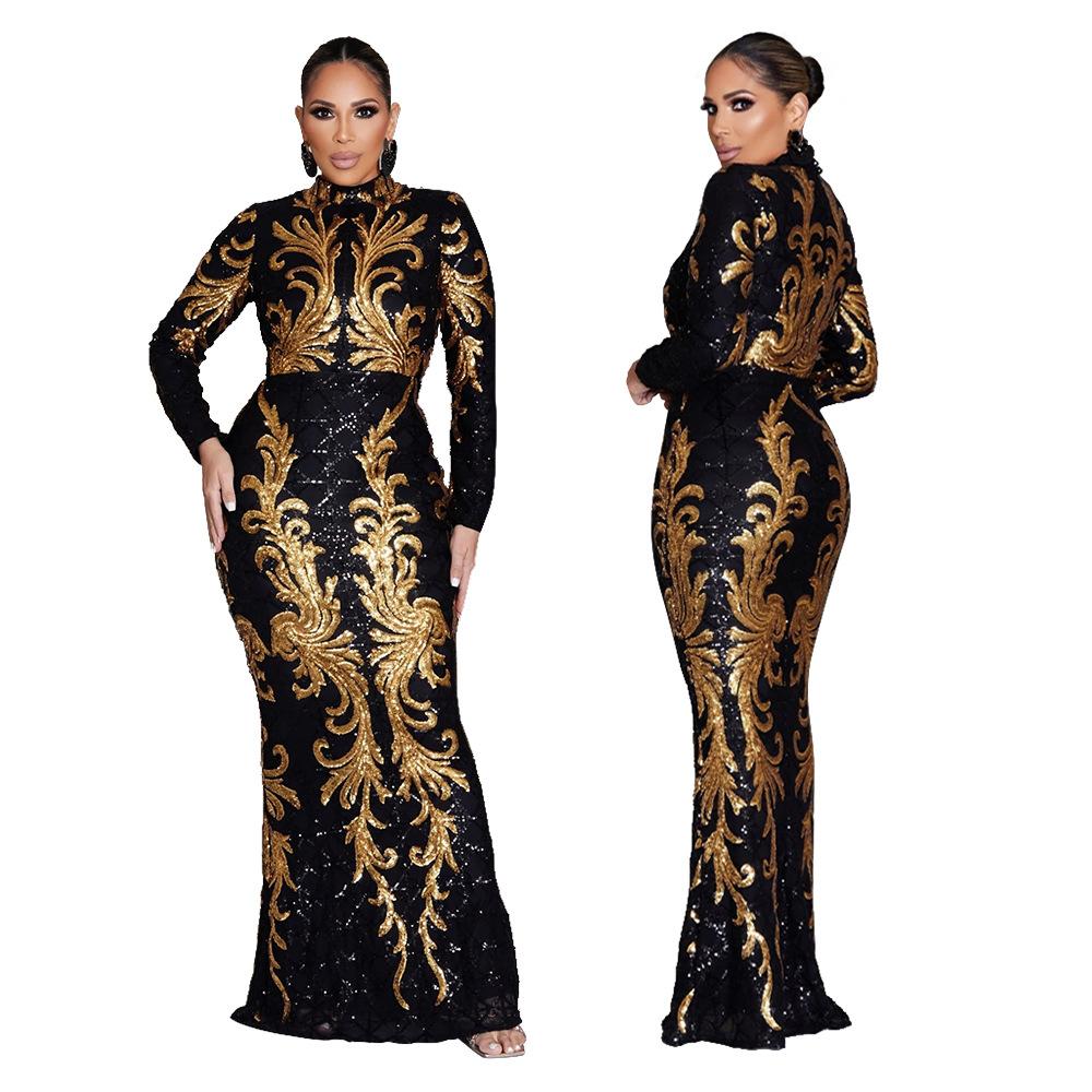 Women's Fashionable Sequined Long-sleeved Body-hugging Fishtail Dress and Slimming Dress