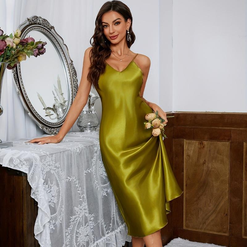 Fashion Elegant Women V Neck Suspender Dress Casual Solid Color Sleevelesss Loose Party Thin Sleepwear A-line Dresses Female Backless Clothing