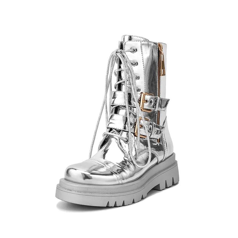 Fashion Silver Belt Buckle Cross Strap Rhinestone Short Boots Casual Motorcycle Thick Sole Knight Boots Women Winter Silver  Boots
