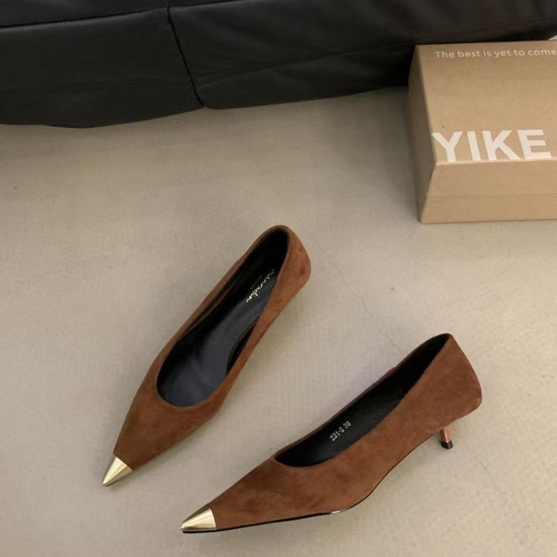 Spring new retro leopard print metal light mouth single shoes temperament suede pointed stiletto high heels