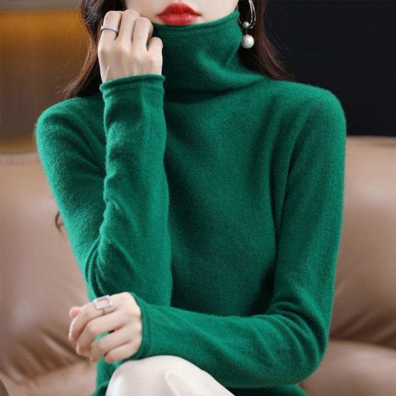 Женский свитер с высоким воротником, 100% мериносовая шерсть, кашемировые свитера, вязаный пуловер, зимний женский джемпер, вязаный топ 2XL зелёный