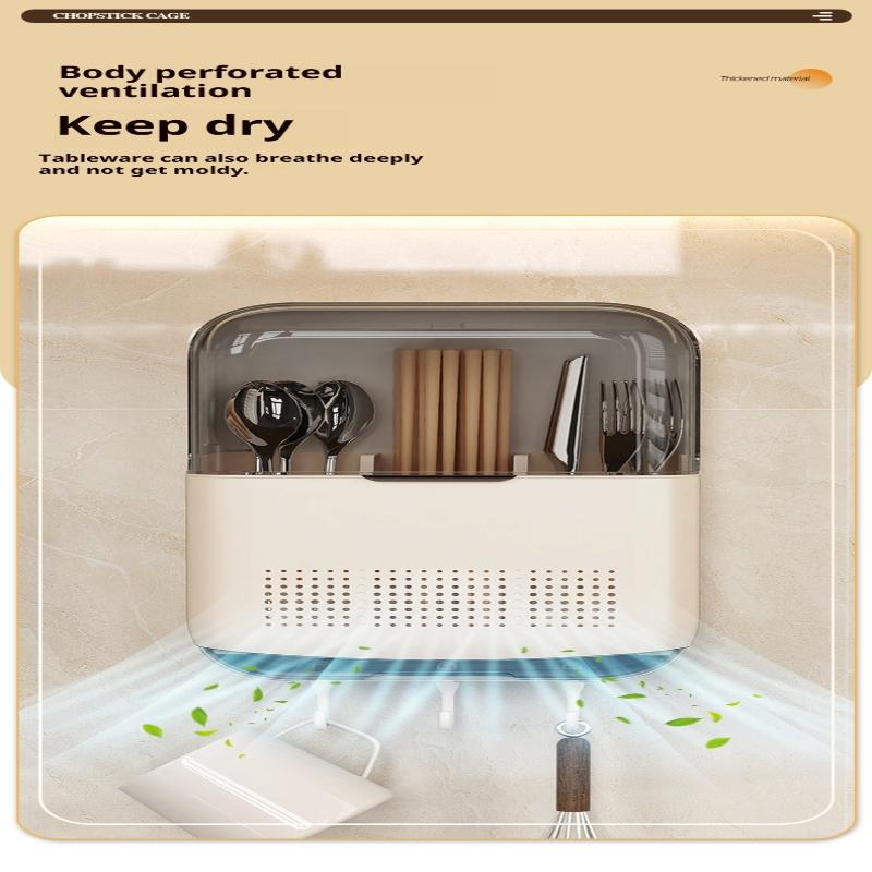 Wall Mounted Kitchen Cutlery Holder Breathable Dust-Proof Utensil Drainer No Punching With Lid Chopstick Storage Box