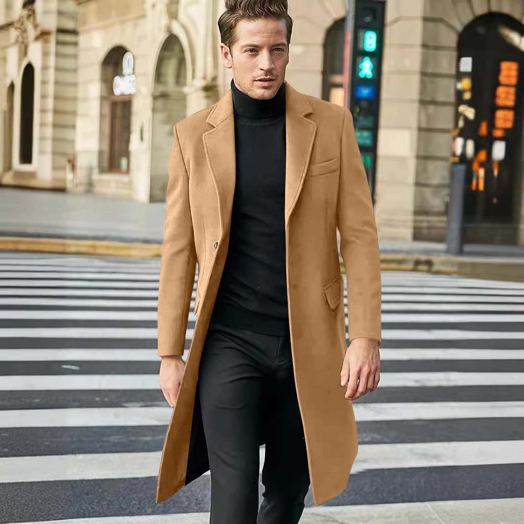 Herre Lang Ensfarget Enkeltkneppet Langermet Ullkåpe Casual Slim Trendy Vindjakke