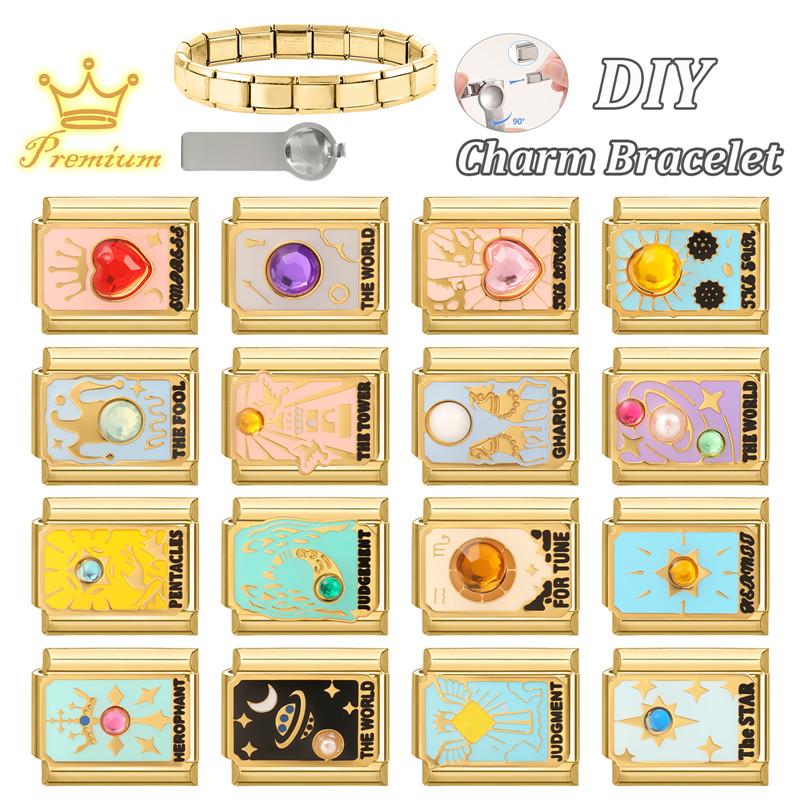 Vintage Tarot Card Heart Moon Star Sun Golden Charm Links Fit 9MM Stainless Steel Bracelet Women Men Jewelry Making DIY Beads