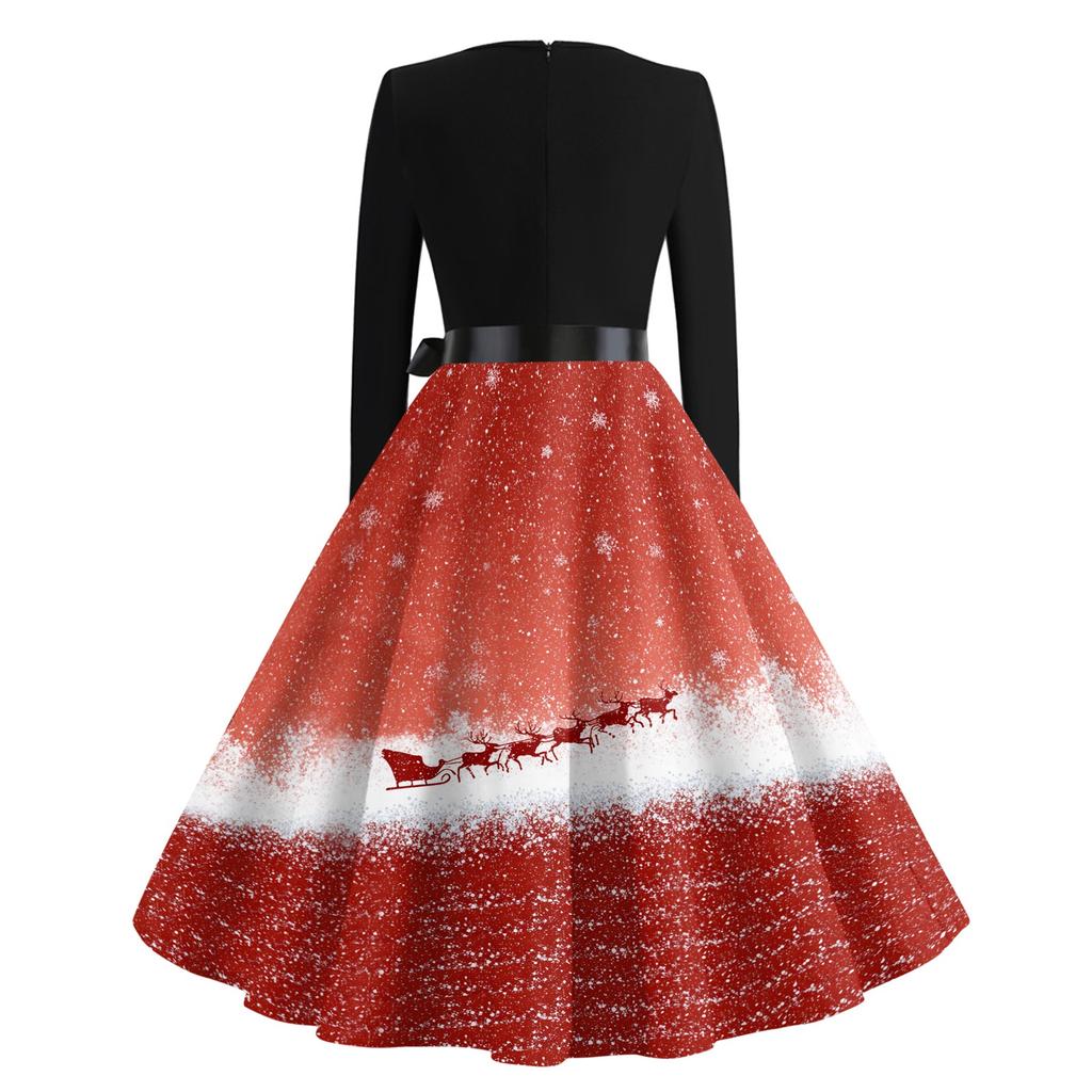 Abiti Lunghi Vintage Casual da Donna alla Moda a Maniche Lunghe con Stampa Grafica Natalizia