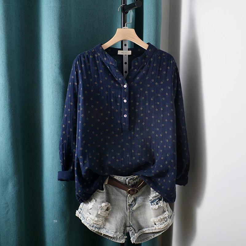 

7 Colors -- Unique Retro Cherry Floral Print Long Sleeve V-Neck Cotton Yarn Shirt Blouse Female One Size темно-синього кольору