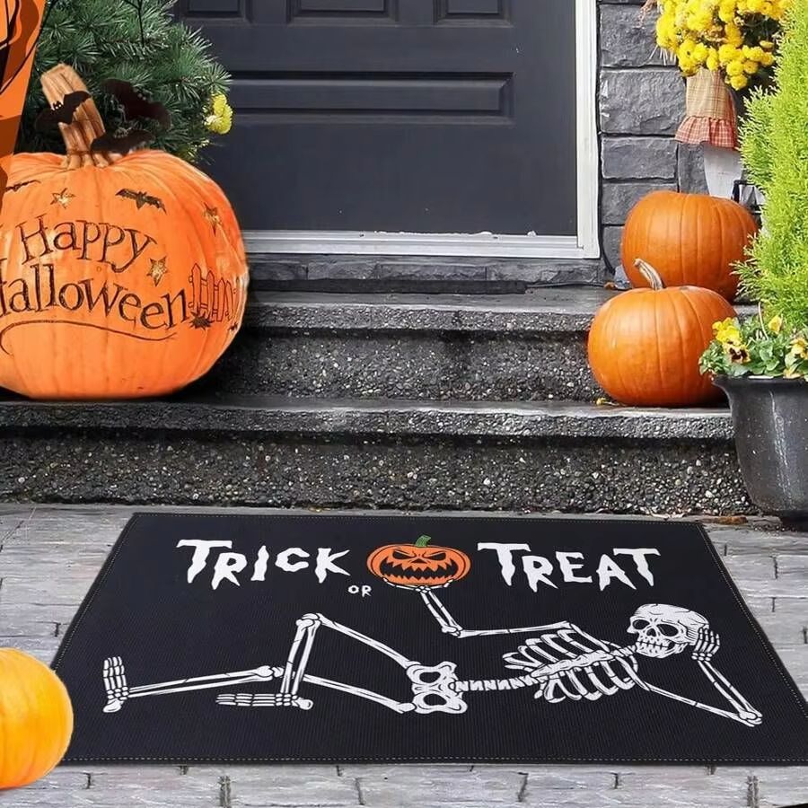 Halloween Skeleton Rug Trick or Treat Doormat Indoor Outdoor Entrance Welcome Floor Mat Holiday Ambiance Home Decoration