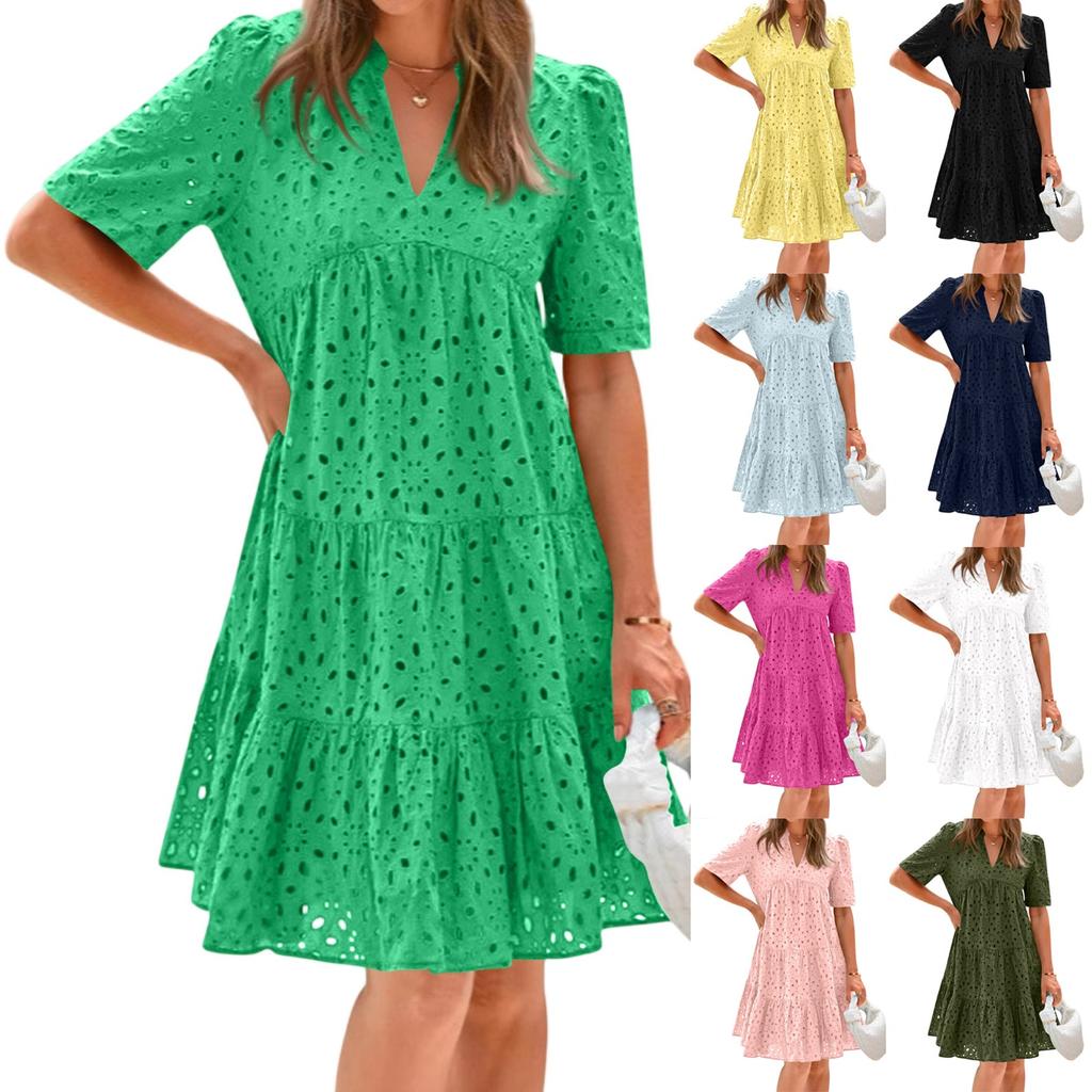 Women's Fashion Summer Solid Color V Neck Short Sleeved Beach Vacation A-line Dress