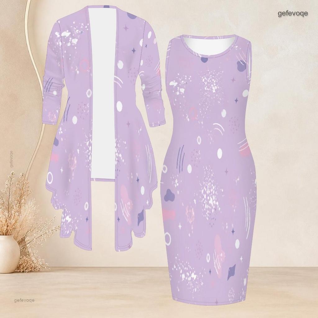 Women Plus Size Black Blue Printed Two Piece Set Long Sleeve Cardigan Sleeveless Bodycon Dress