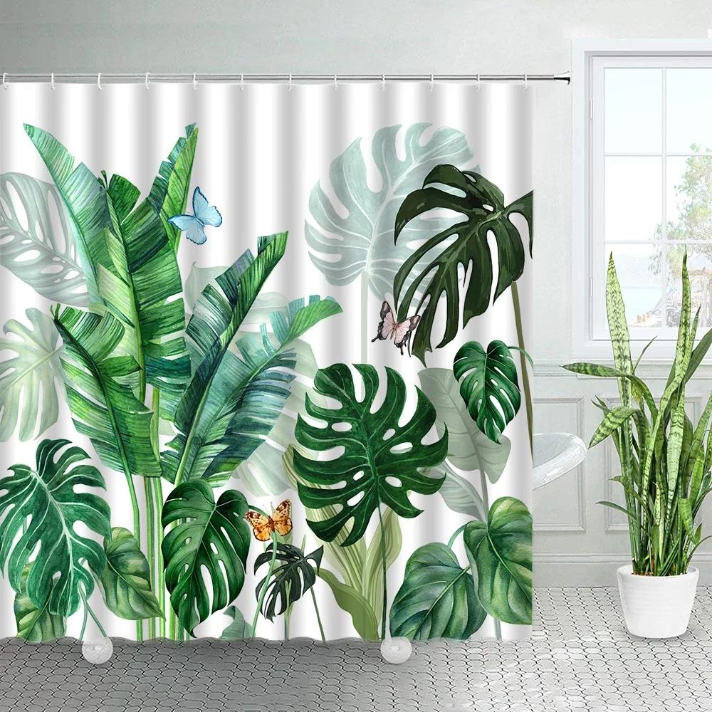 Tropical Plants Floral Shower Curtains Beige Green Palm Leaves Flowers Nordic Decor Bathroom Polyester Bath Curtain with Hooks