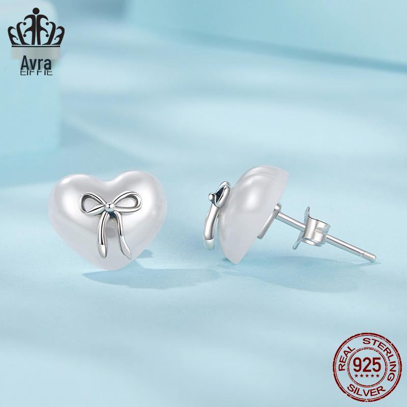 Aifle Simple Versatile S925 Sterling Silver Heart Bow Earrings for Women, Platinum-Plated, Heart-Shaped, Perfect for Commuting