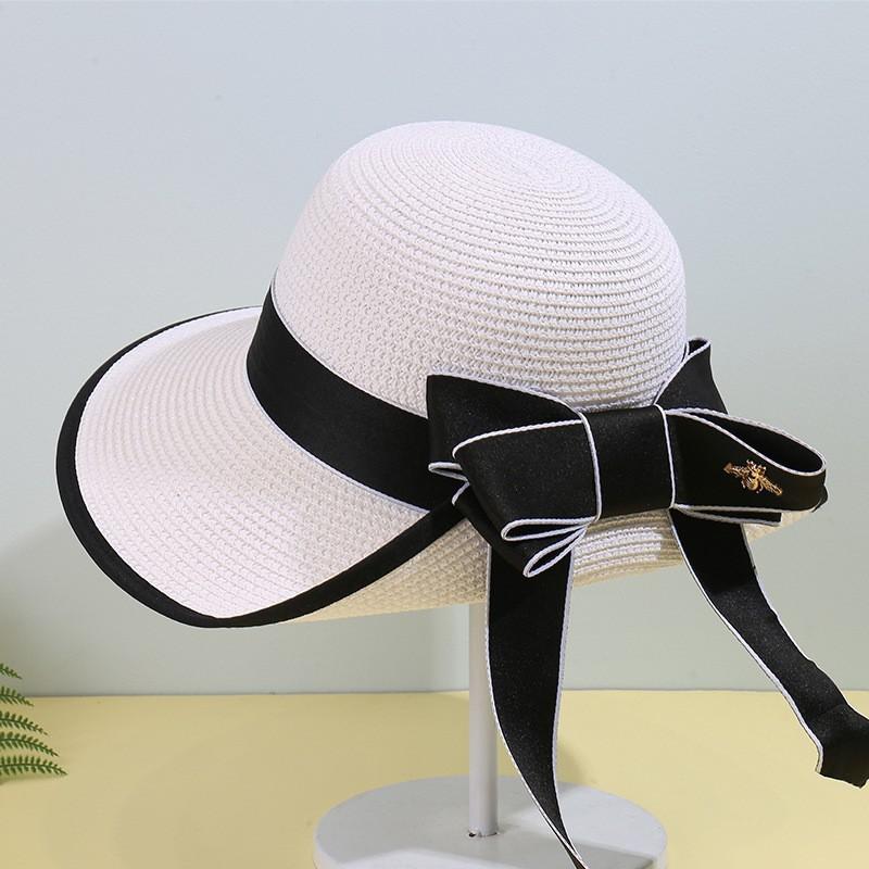 Summer Korean Style Butterfly Bow Straw Hat Large Brim Sun Hat For Beach Vacation Sun Protection