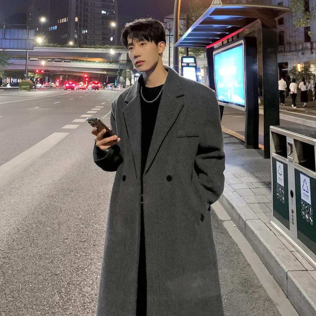 High-End Men's Grey Wool Trench Coat - Trendy, Loose, Mid-Length, Korean-Style, for Autumn and Winter
