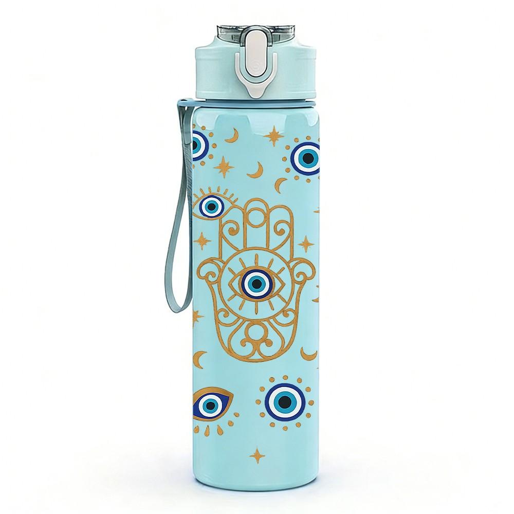 1 Stück Nazar Amulett Boho Nahtloser Druck 750ml Farbe Kunststoff Sport Wasserflasche Auslaufsicher Klappdeckel mit Strohhalm Geeignet für Sport Büro Zuhause