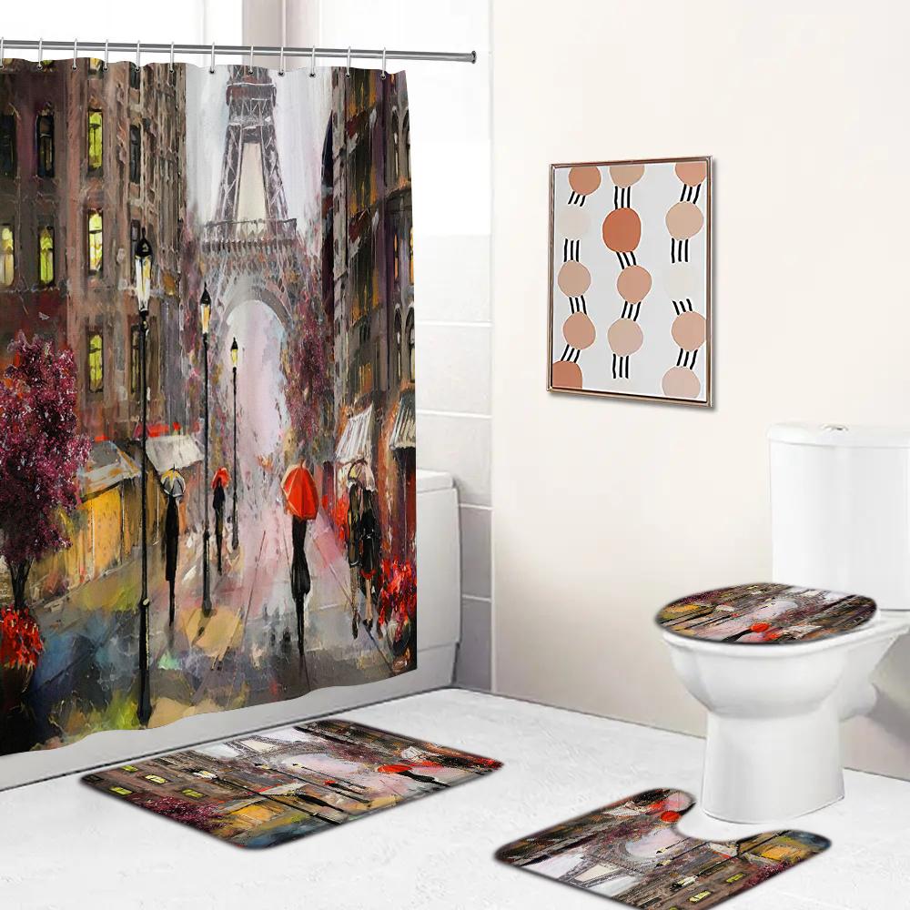 Paris Eiffel Tower Shower Curtain Set With Rugs Waterproof Curtain Bathing Screen Anti-Slip Toilet Lid Cover Rugs Bathroom Decor