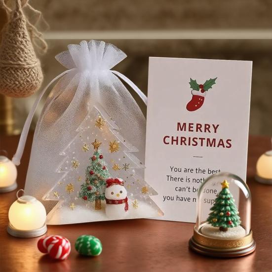 Christmas Gift Bag Organza Bag with Golden Star Xmas Tree Decor Small Mesh Drawstring White Sheer Wedding Party Favor Bag