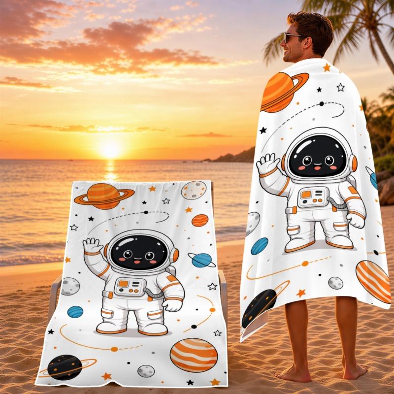 Cartoon Astronaut Space Microfiber Beach Towel 1 Piece Set 2D Flat Printed Sandproof Waterproof Holiday Sea Pool Sunbed Towel