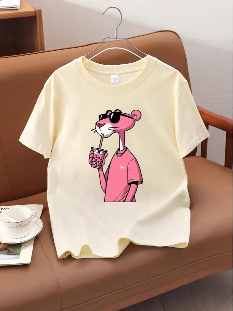 Unisex Pink Leopard Print Short Sleeve Cotton Top
