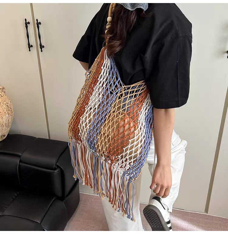 Seaside Vacation Woven Bag Women s Large Capacity Single-shoulder Tote Tassel Hollow Beach 38x1x28