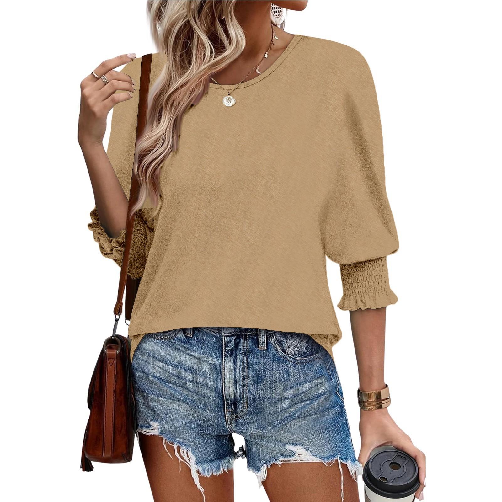 

Женский летний свободный топ большого размера с круглым вырезом, эластичный плиссированный топ со средним рукавом M верблюд