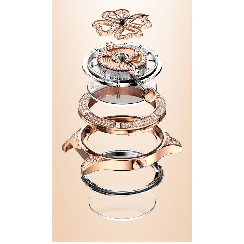 OUPINKE Women's Watch Four-leaf Clover Rotating Dial Automatic Mechanical Watch for Ladies and Women